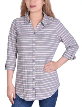 3/4 Sleeve Roll Tab Striped Jacquard Blouse