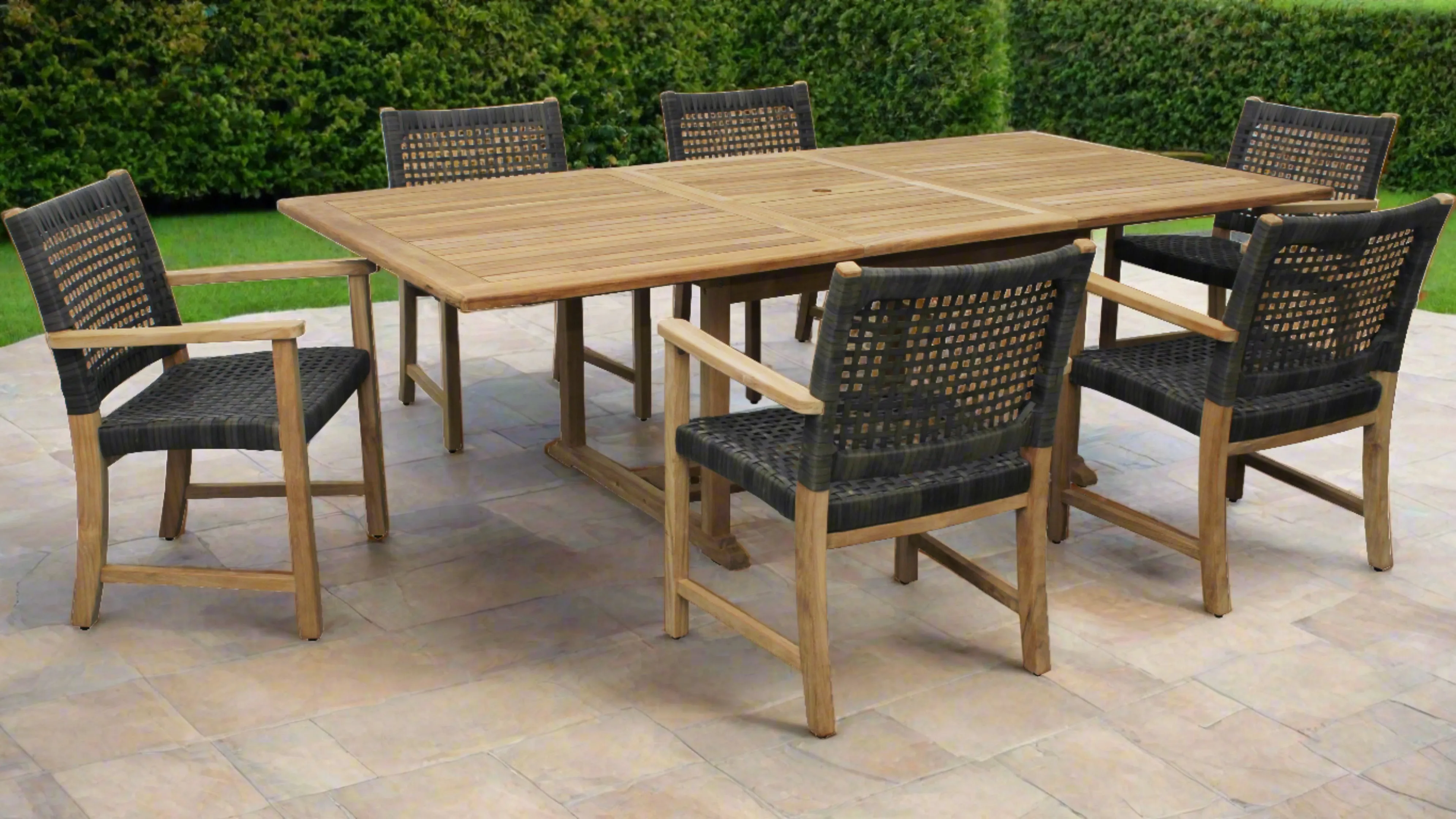 Bali Teak 7pc Outdoor Dining Set (Teak Rectangular Extendable Table 70-94" with 6 Woven Sanur Armchairs)