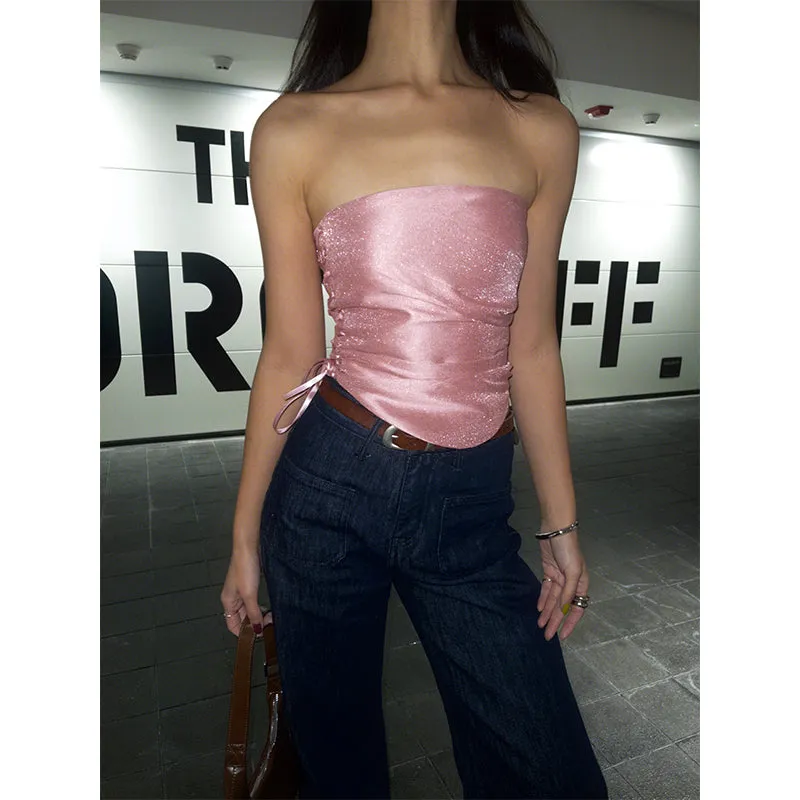 Barbie Pink Shiny Pearlescent Fine Shewing Side Ties Irregular Pleated Sleeveless Bandeau Short Cropped Lace Up Top