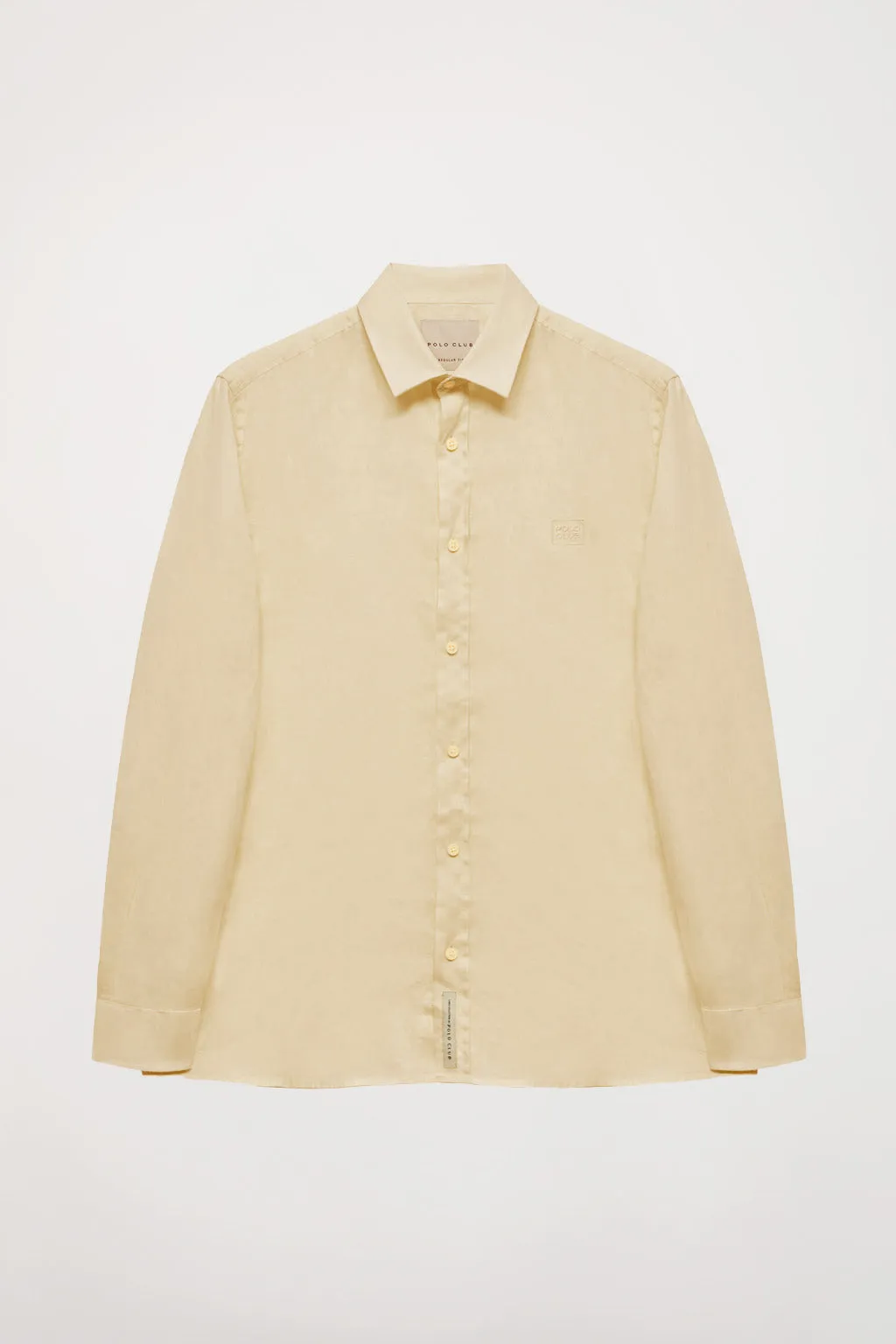 Camisa de lino beige de cuello francés y logo bordado