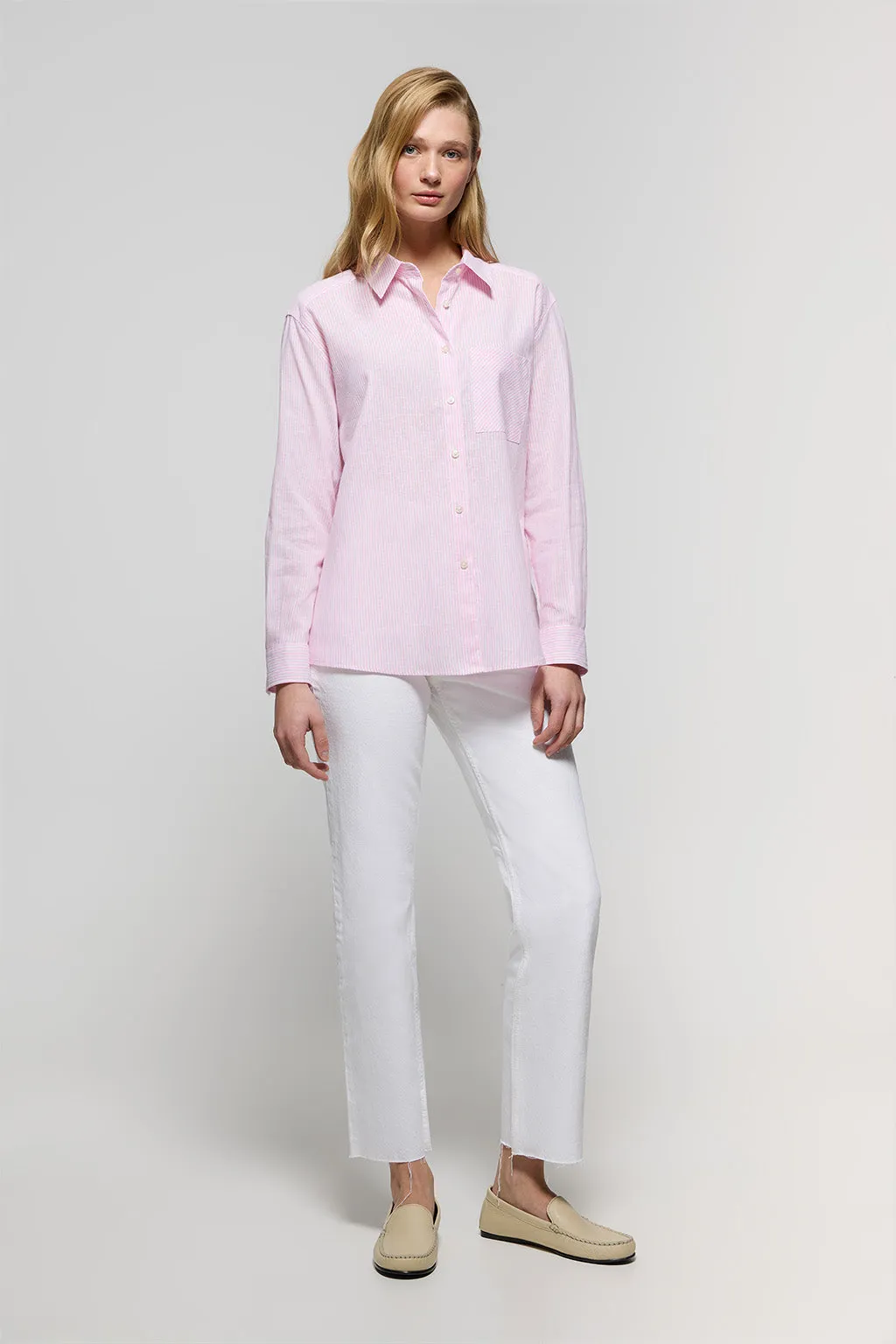 Camisa de rayas rosa de lino y algodón con detalle Polo Club