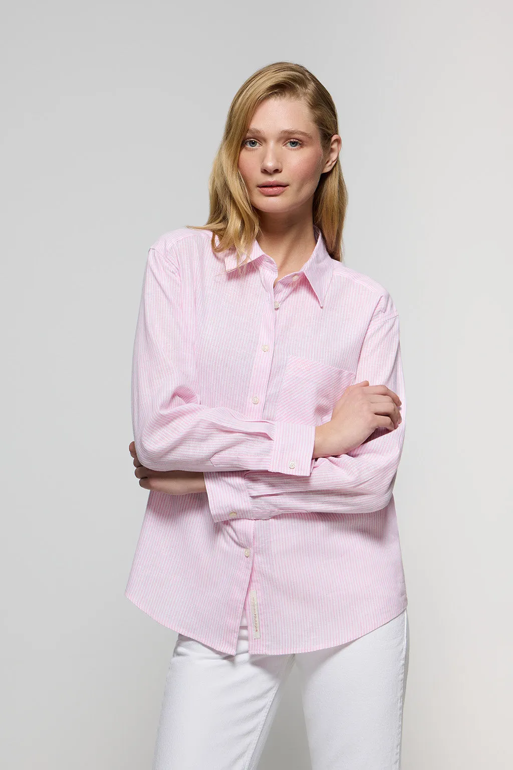 Camisa de rayas rosa de lino y algodón con detalle Polo Club