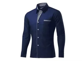 Camisa Masculina Slim Com Listras Manga Longa - Azul Escuro