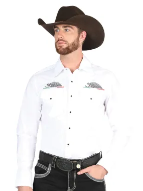 Camisa Vaquera Bordada Aguila Manga Larga Blanco para Hombre 'El General' - ID: 44291