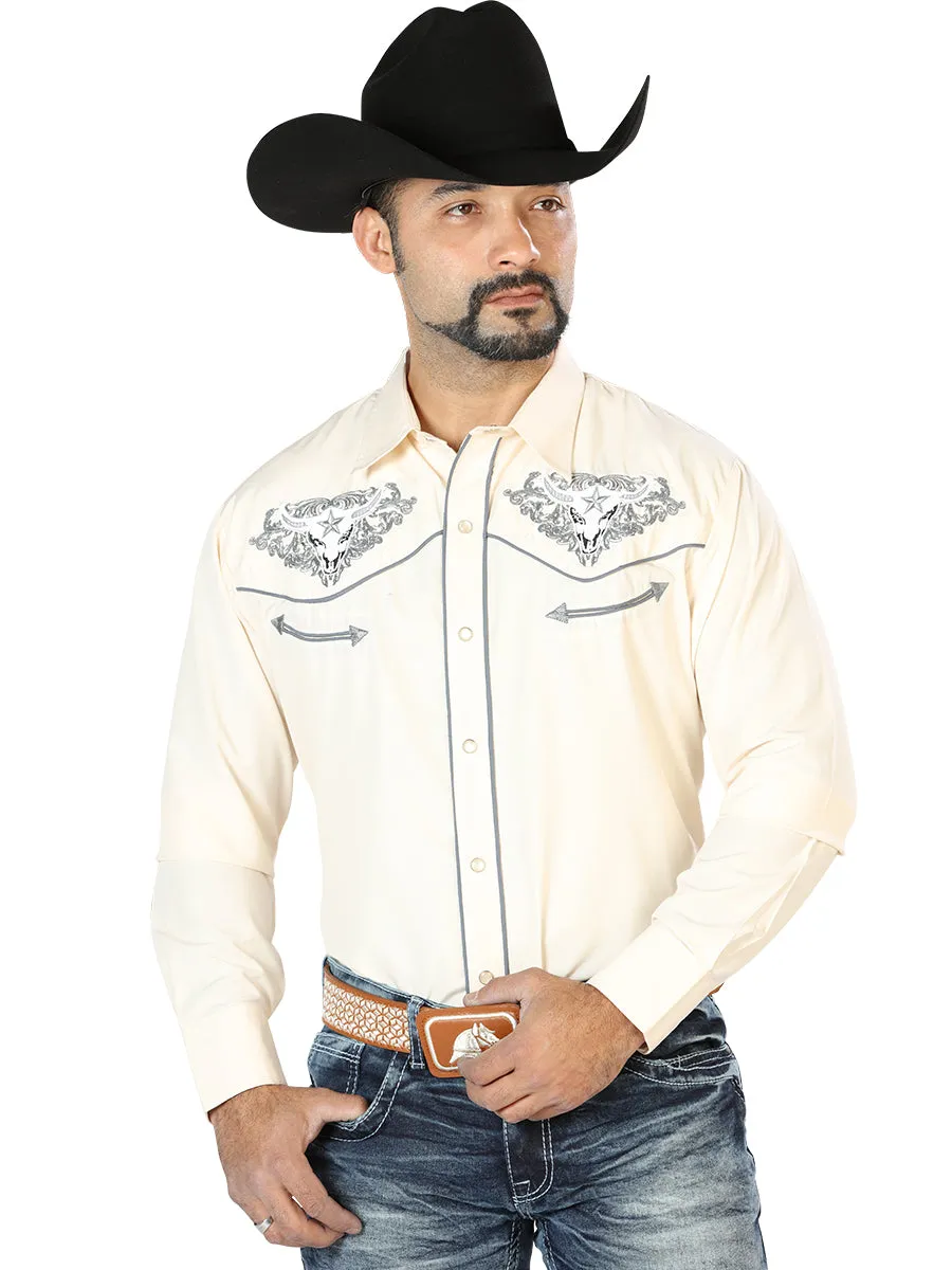 Camisa Vaquera Bordada Manga Larga Beige para Hombre 'El Señor de los Cielos' - ID: 126679