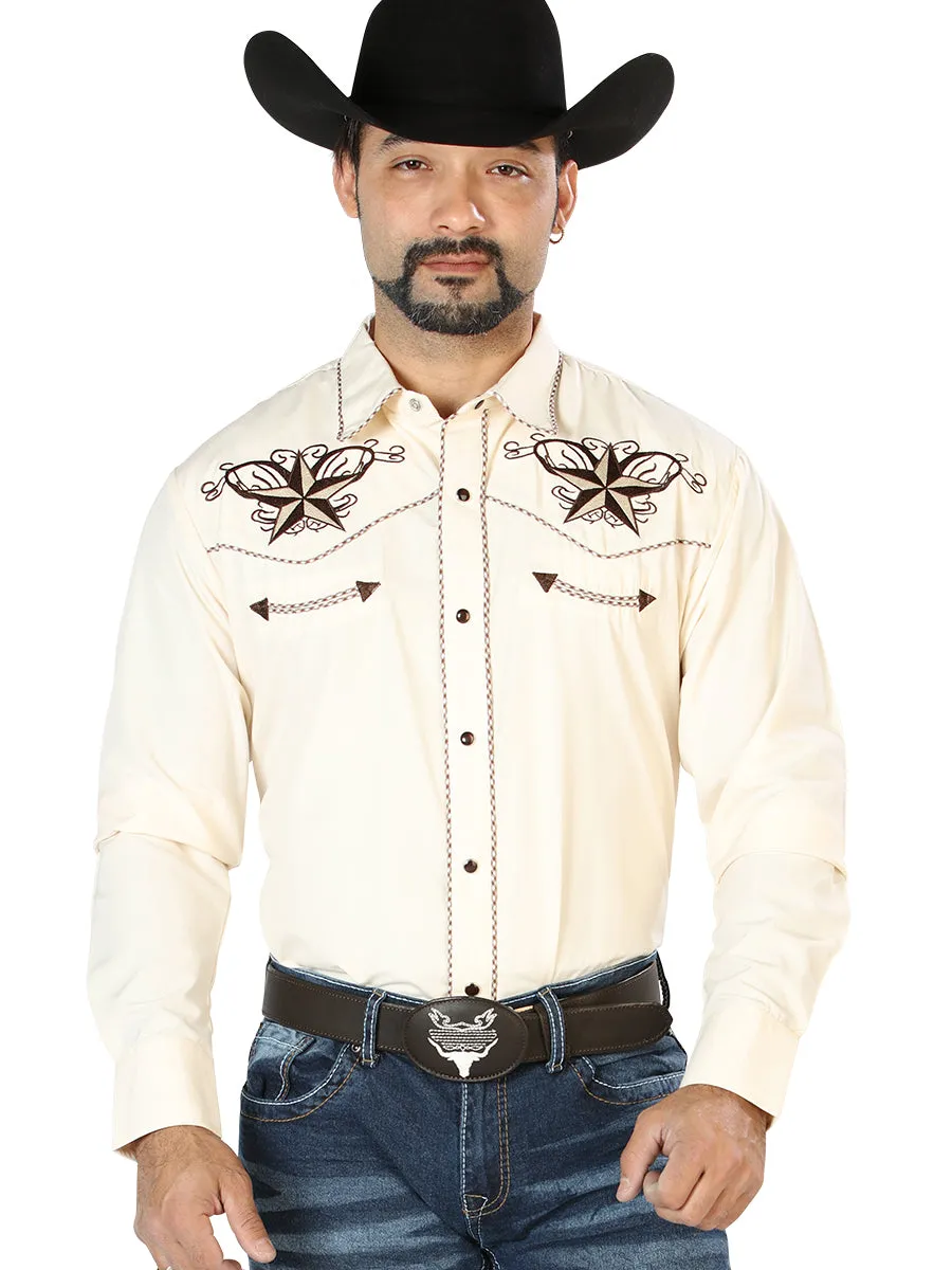 Camisa Vaquera Bordada Manga Larga Beige para Hombre 'El Señor de los Cielos' - ID: 126684