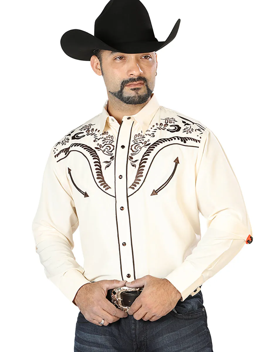 Camisa Vaquera Bordada Manga Larga Beige para Hombre 'El Señor de los Cielos' - ID: 126694