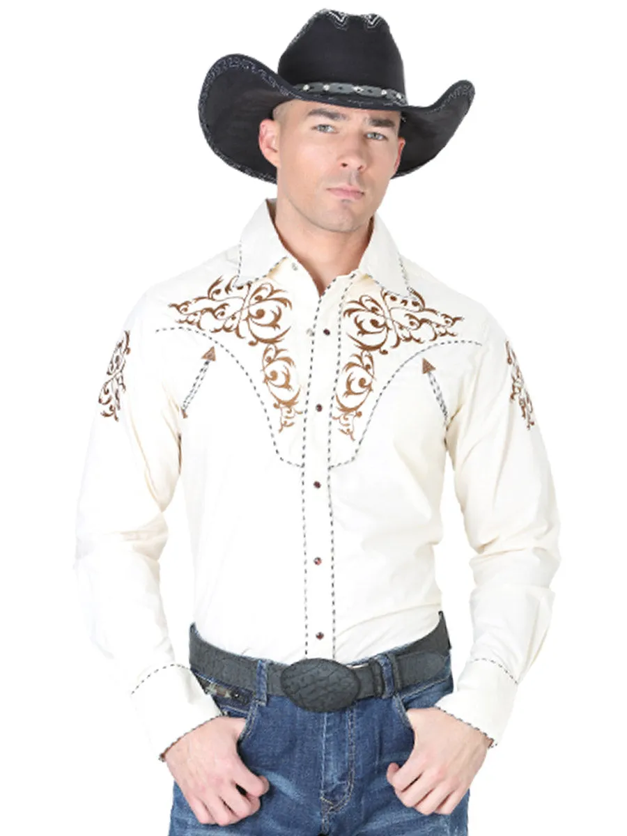 Camisa Vaquera Bordada Manga Larga Beige para Hombre 'El Señor de los Cielos' - ID: 40994