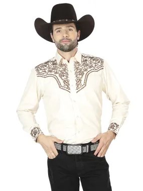 Camisa Vaquera Bordada Manga Larga Beige para Hombre 'El Señor de los Cielos' - ID: 43303