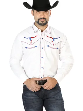 Camisa Vaquera Bordada Manga Larga Blanco para Hombre 'El Señor de los Cielos' - ID: 126672