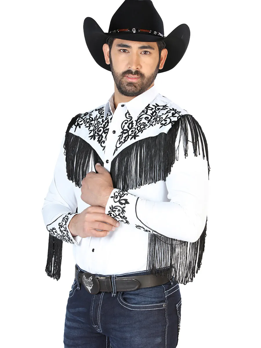 Camisa Vaquera Bordada Manga Larga Blanco para Hombre 'El Señor de los Cielos' - ID: 126698