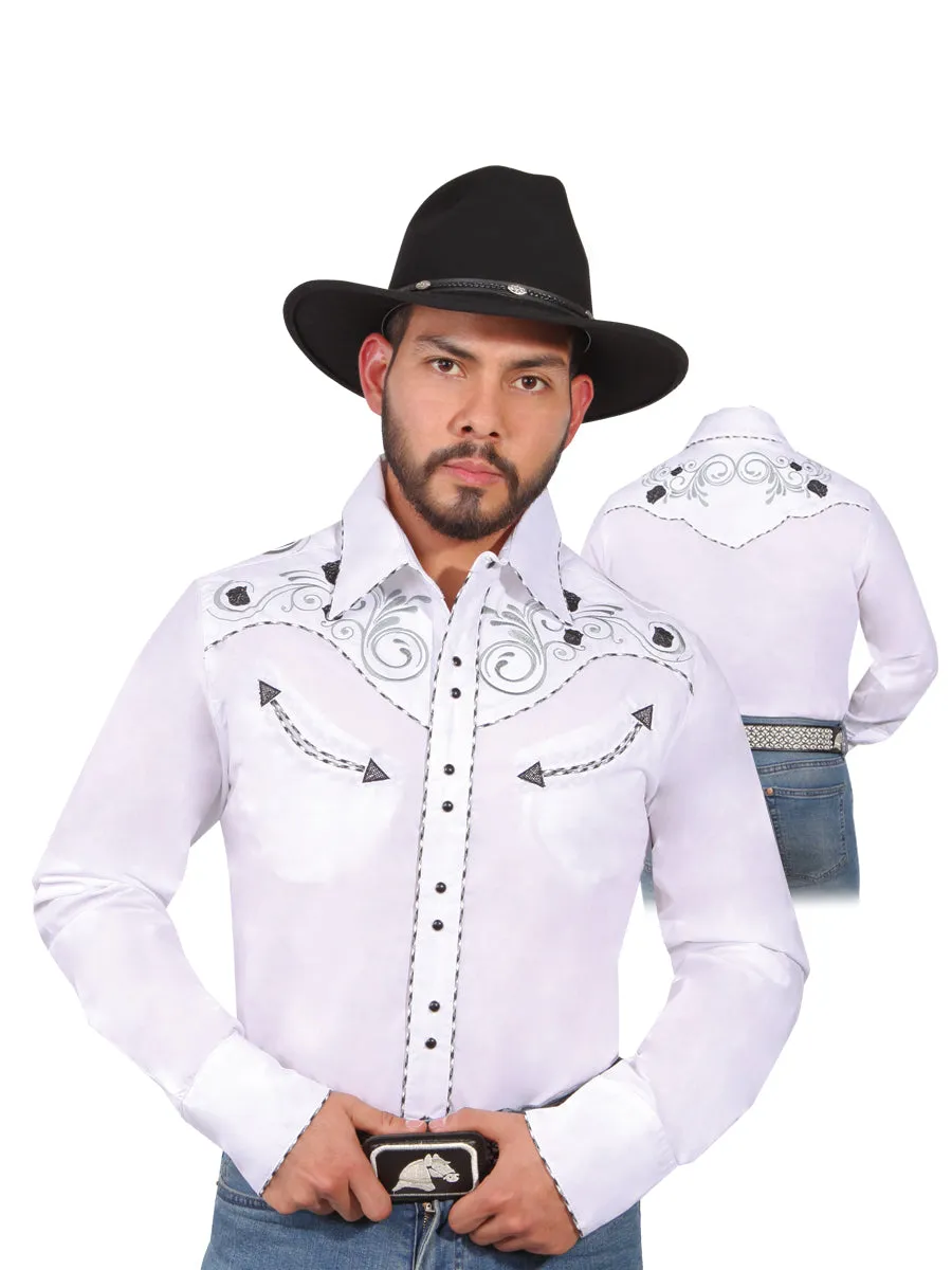 Camisa Vaquera Bordada Manga Larga Blanco para Hombre 'El Señor de los Cielos' - ID: 42941