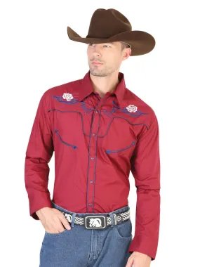 Camisa Vaquera Bordada Manga Larga Burgandy para Hombre 'El Señor de los Cielos' - ID: 42482