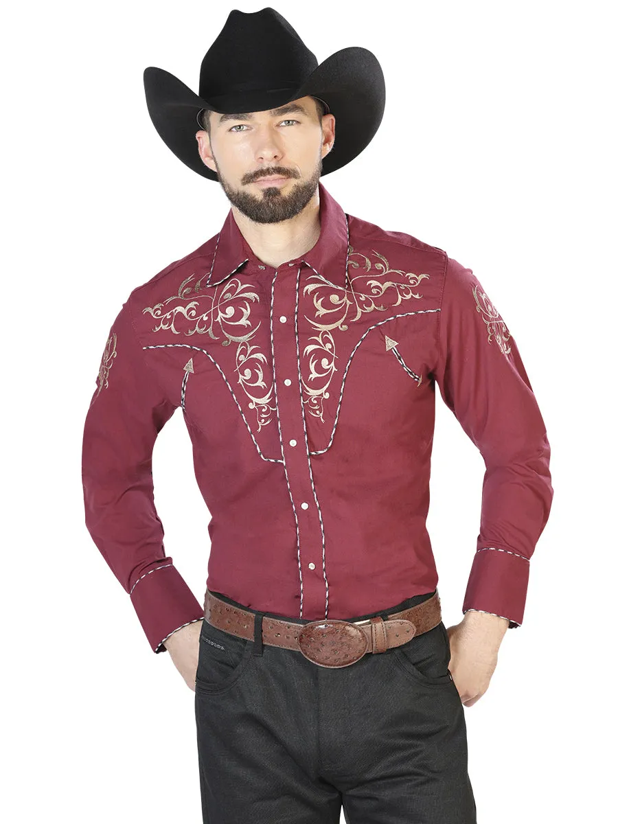 Camisa Vaquera Bordada Manga Larga Burgandy para Hombre 'El Señor de los Cielos' - ID: 42886