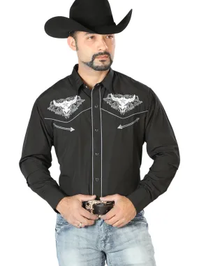 Camisa Vaquera Bordada Manga Larga Negro para Hombre 'El Señor de los Cielos' - ID: 126676