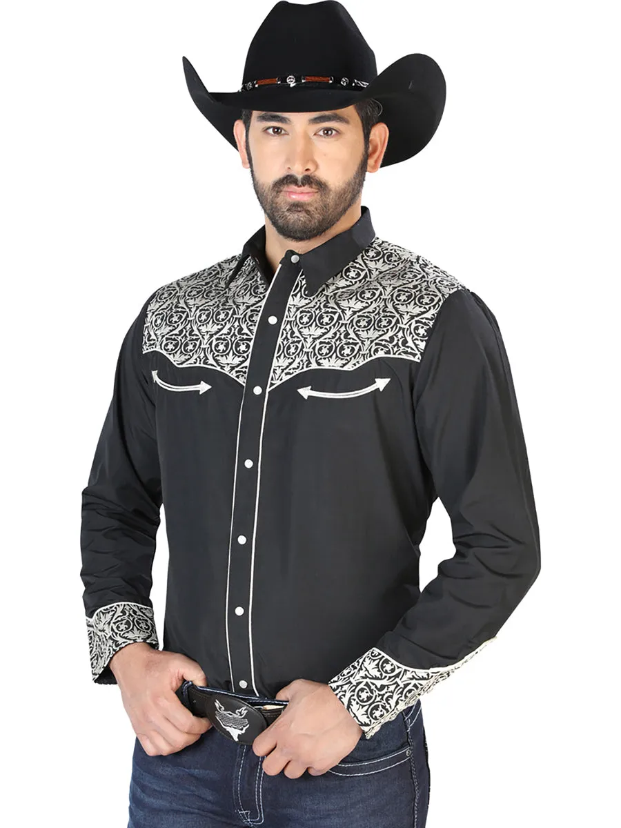 Camisa Vaquera Bordada Manga Larga Negro para Hombre 'El Señor de los Cielos' - ID: 126704