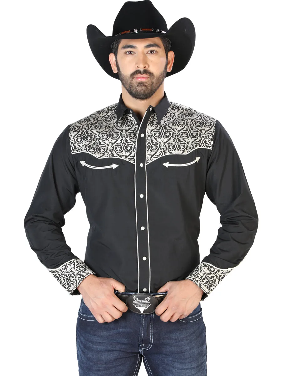 Camisa Vaquera Bordada Manga Larga Negro para Hombre 'El Señor de los Cielos' - ID: 126704