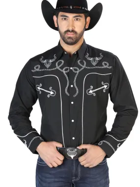 Camisa Vaquera Bordada Manga Larga Negro para Hombre 'El Señor de los Cielos' - ID: 126711