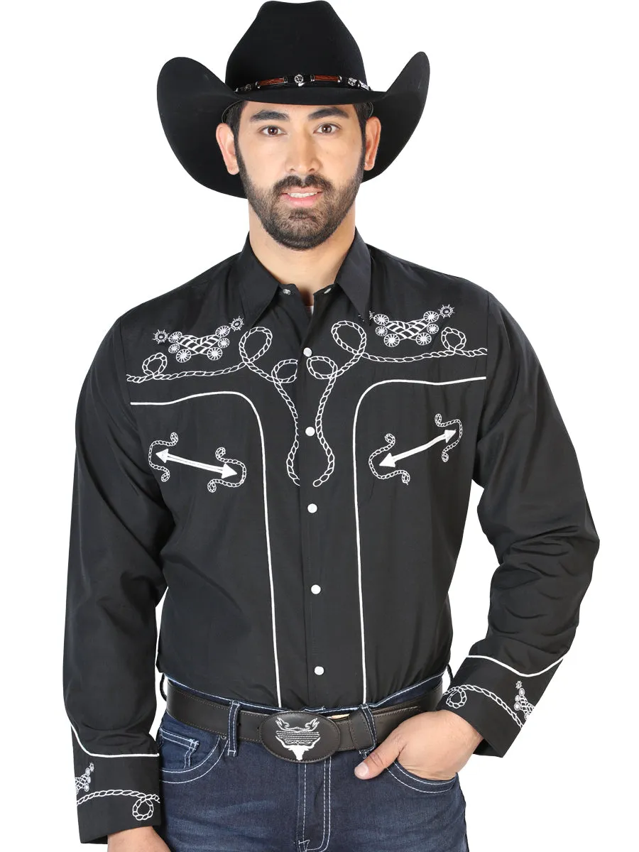 Camisa Vaquera Bordada Manga Larga Negro para Hombre 'El Señor de los Cielos' - ID: 126717