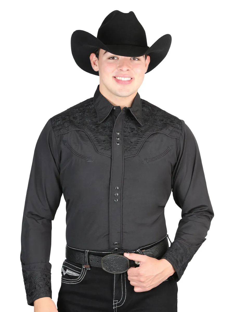 Camisa Vaquera Bordada Manga Larga Negro/Negro para Hombre 'El General' - ID: 44331