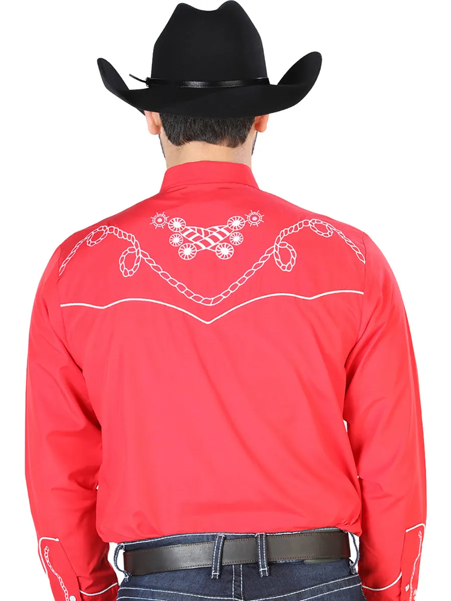 Camisa Vaquera Bordada Manga Larga Rojo para Hombre 'El Señor de los Cielos' - ID: 126719