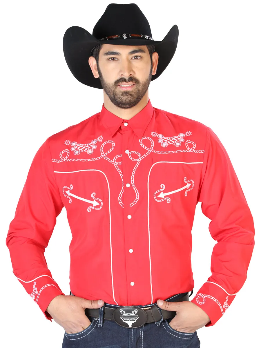 Camisa Vaquera Bordada Manga Larga Rojo para Hombre 'El Señor de los Cielos' - ID: 126719