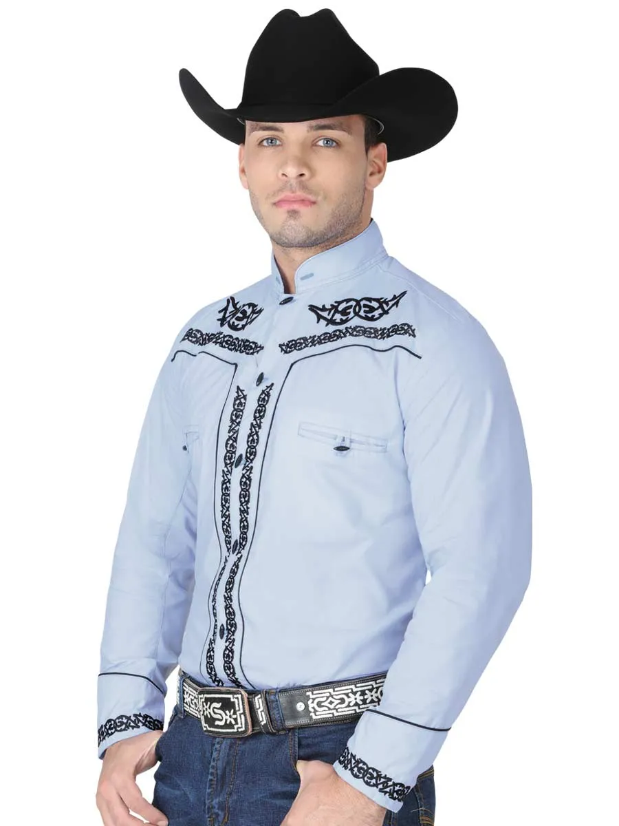 Camisa Vaquera Charra Bordada Manga Larga Azul Claro para Hombre 'El Señor de los Cielos' - ID: 40785