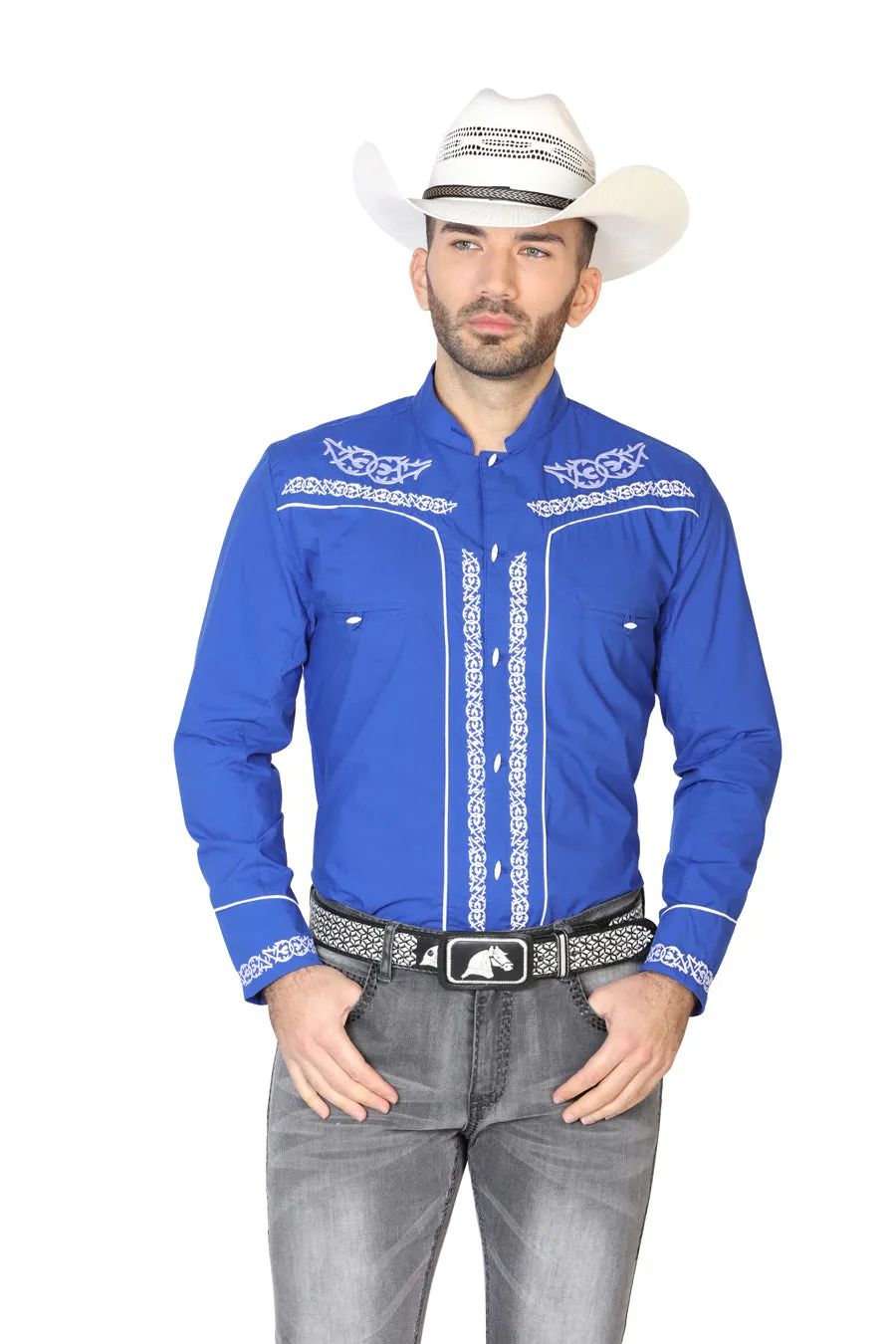 Camisa Vaquera Charra Bordada Manga Larga Azul Rey para Hombre 'El Señor de los Cielos' - ID: 42878