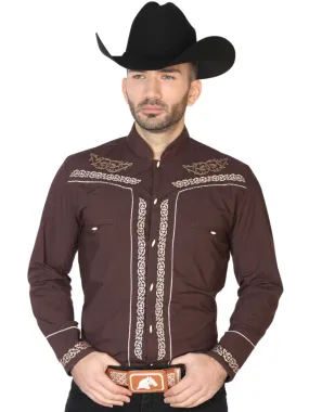 Camisa Vaquera Charra Bordada Manga Larga Cafe para Hombre 'El Señor de los Cielos' - ID: 42876