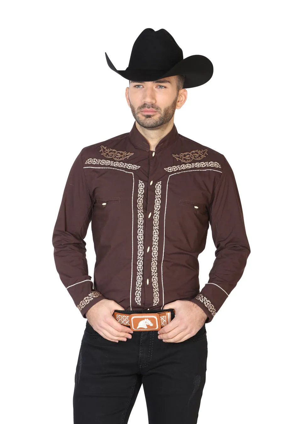 Camisa Vaquera Charra Bordada Manga Larga Cafe para Hombre 'El Señor de los Cielos' - ID: 42876