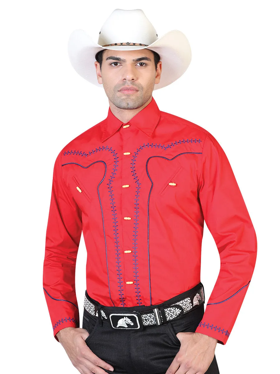 Camisa Vaquera Charra Manga Larga Rojo para Hombre 'El General' - ID: 42548