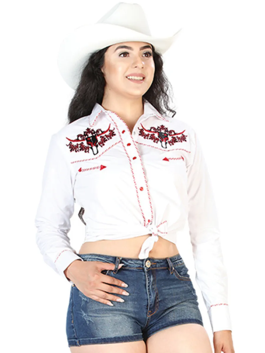 Camisa Vaquera Manga Larga Bordada Blanco para Mujer 'El Señor de los Cielos' - ID: 126674