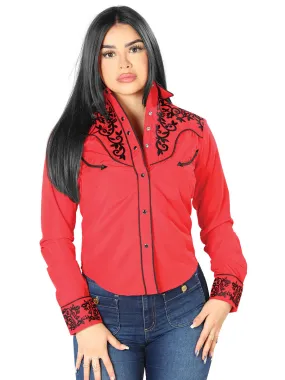 Camisa Vaquera Manga Larga Bordada Rojo para Mujer 'El Señor de los Cielos' - ID: 126670