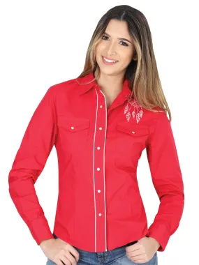 Camisa Vaquera Manga Larga de Bolsillos con Diseño Estampado Rojo para Mujer 'El General' - ID: 40479