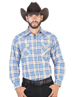 Camisa Vaquera Manga Larga de Bolsillos Estampada Cuadros Azul/Rosa para Hombre 'El Señor de los Cielos' - ID: 42542