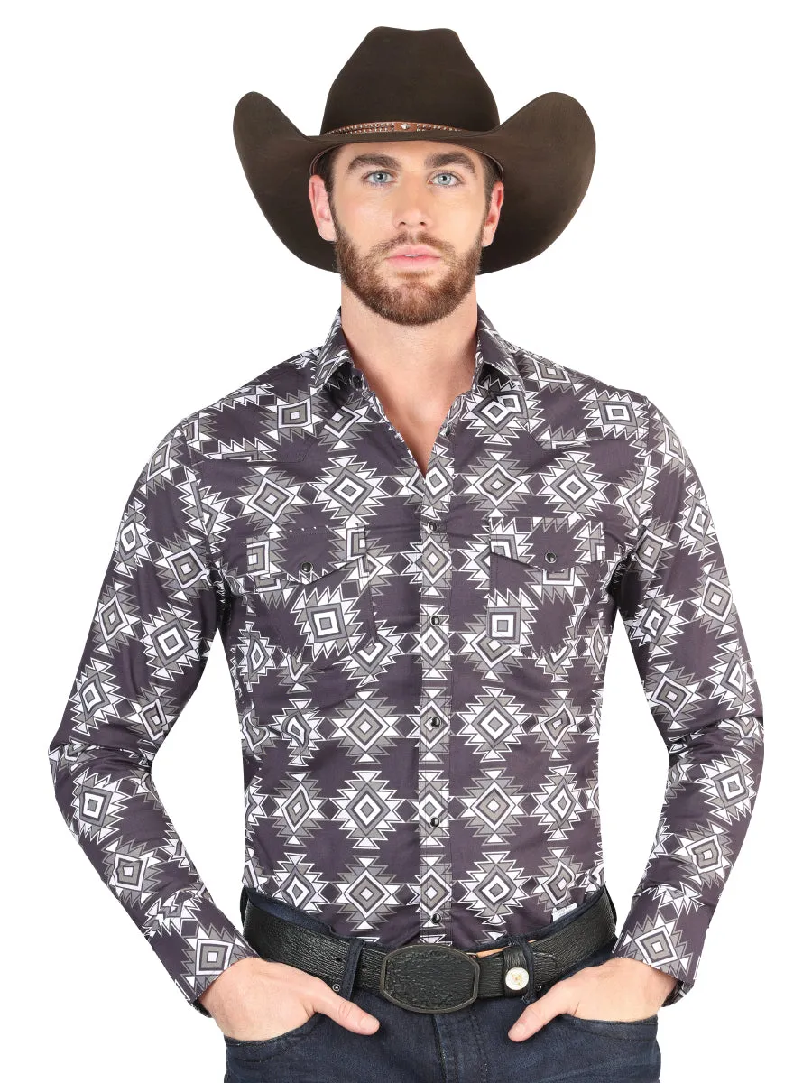 Camisa Vaquera Manga Larga de Broches Estampada Azul Oscuro para Hombre 'El Señor de los Cielos' - ID: 44403