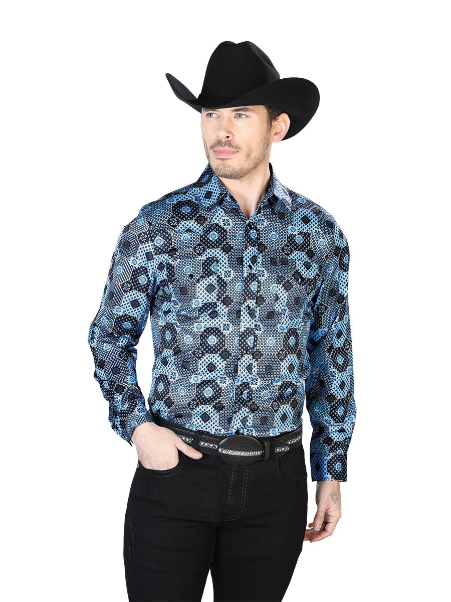 Camisa Vaquera Manga Larga de Broches Estampada Azul para Hombre 'El Señor de los Cielos' - ID: 43963