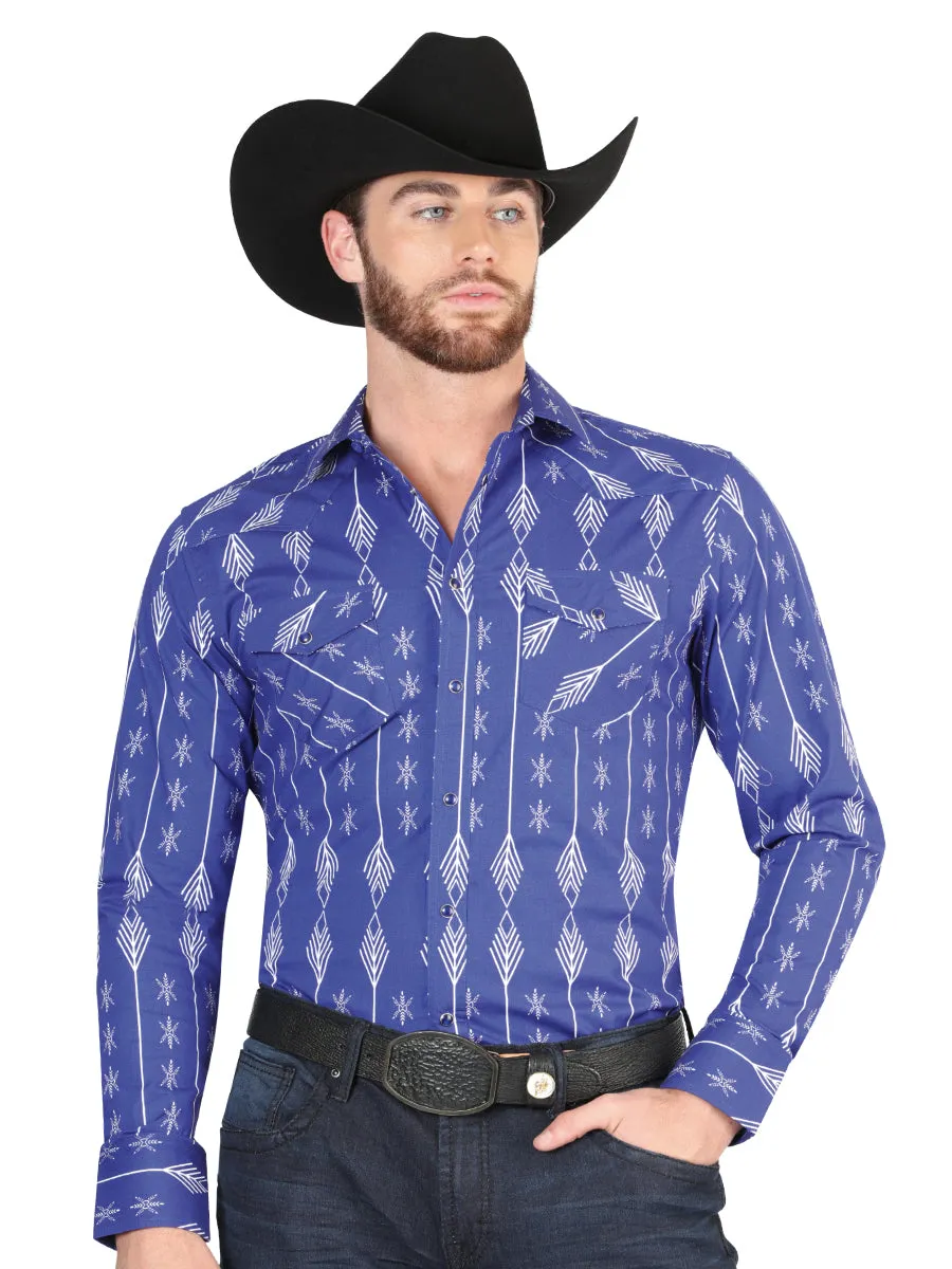 Camisa Vaquera Manga Larga de Broches Estampada Azul/Blanco para Hombre 'El Señor de los Cielos' - ID: 44434