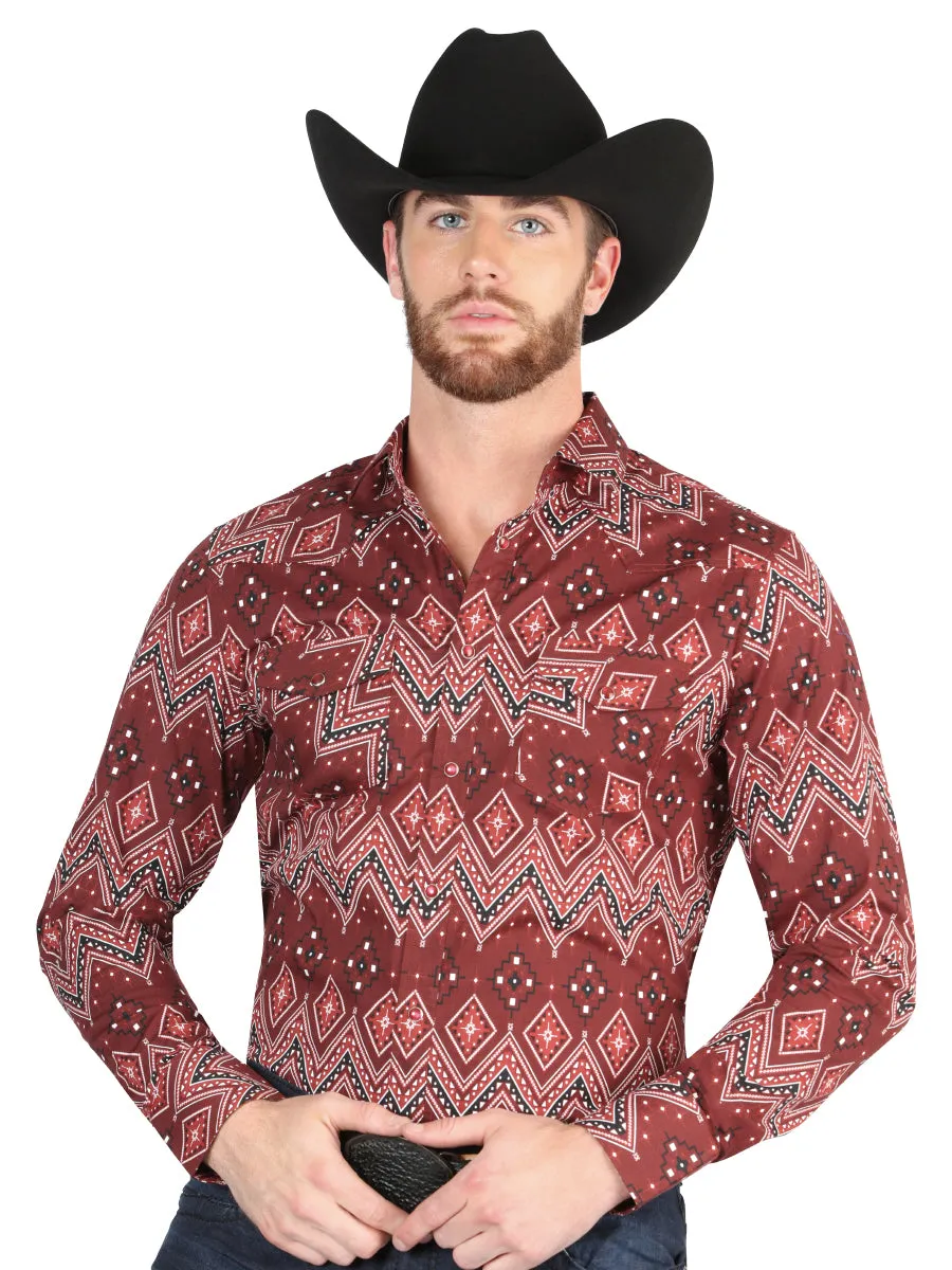 Camisa Vaquera Manga Larga de Broches Estampada Burgandy para Hombre 'El Señor de los Cielos' - ID: 44431