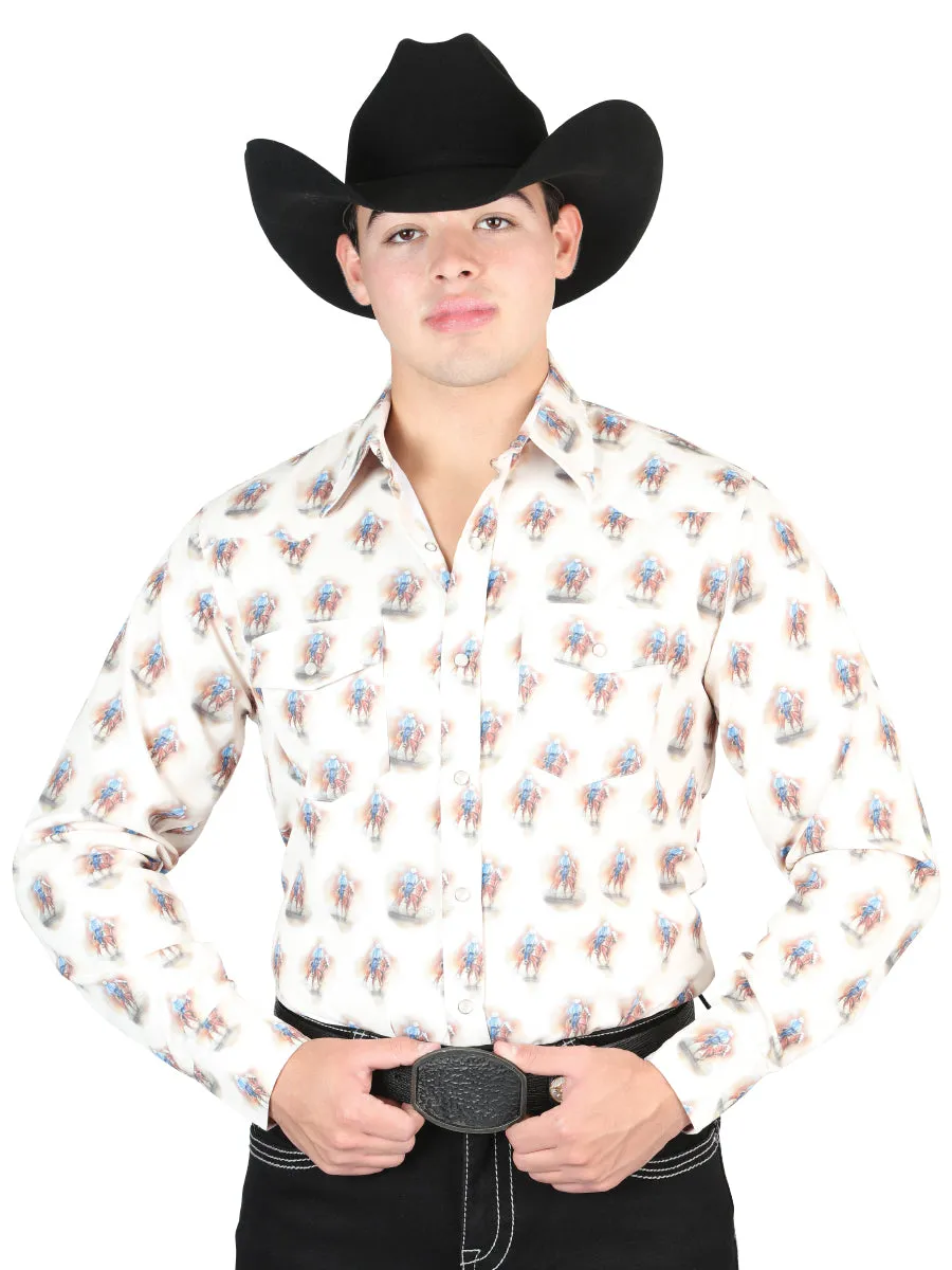 Camisa Vaquera Manga Larga de Broches Estampada Cafe para Hombre 'El General' - ID: 44307