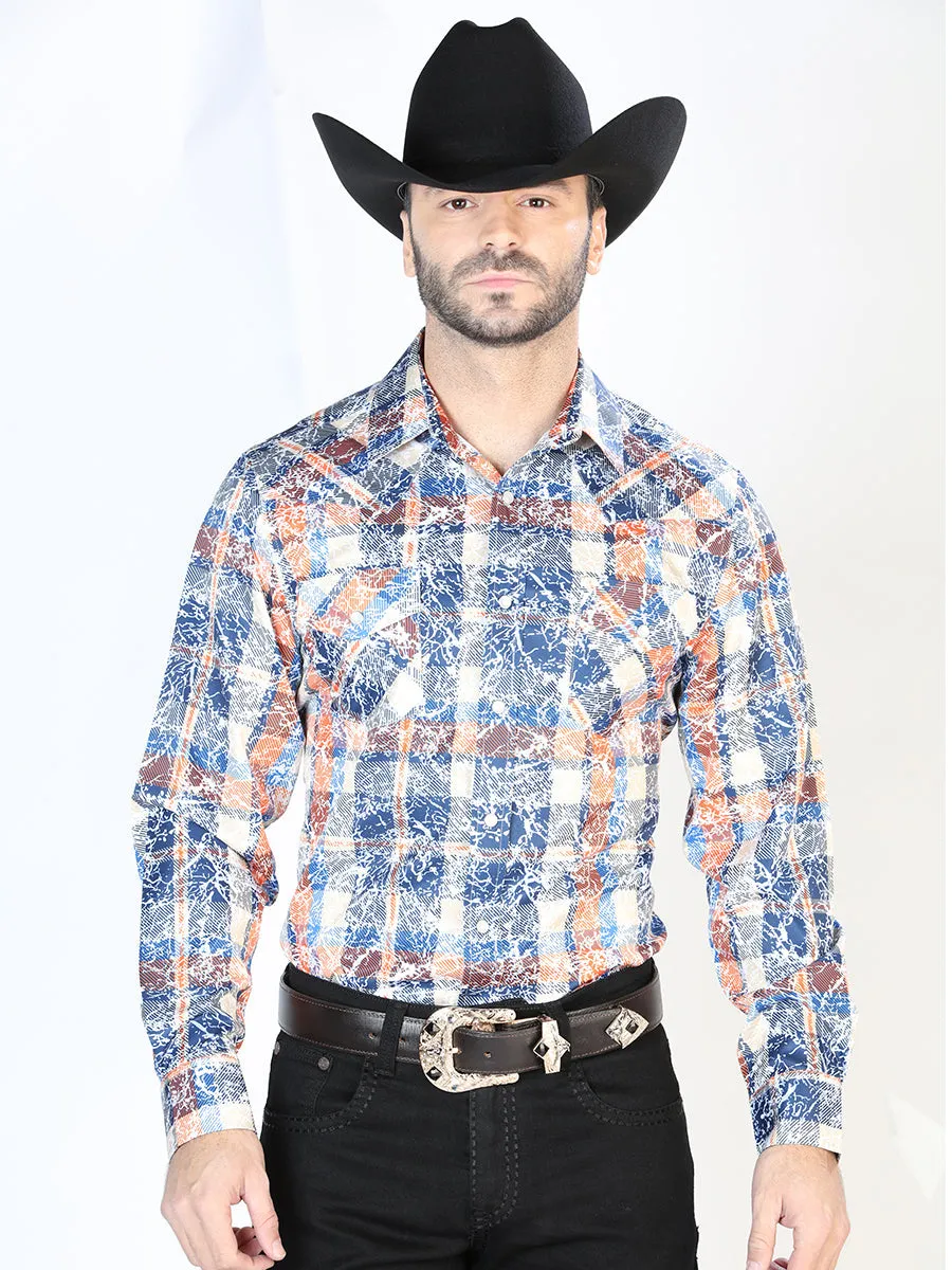 Camisa Vaquera Manga Larga de Broches Estampada Cuadros Azul/Naranja para Hombre 'El Señor de los Cielos' - ID: 44063