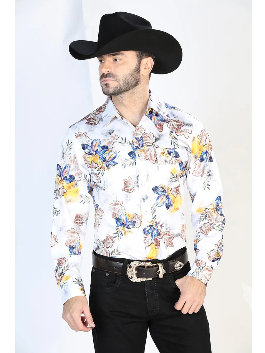 Camisa Vaquera Manga Larga de Broches Estampada Floral Blanco/Azul para Hombre 'El Señor de los Cielos' - ID: 44097