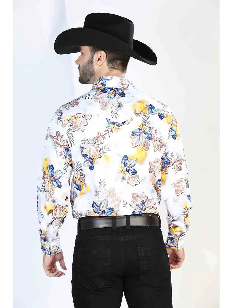 Camisa Vaquera Manga Larga de Broches Estampada Floral Blanco/Azul para Hombre 'El Señor de los Cielos' - ID: 44097