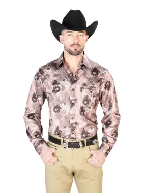 Camisa Vaquera Manga Larga de Broches Estampada Floral Cafe Claro para Hombre 'El Señor de los Cielos' - ID: 43947