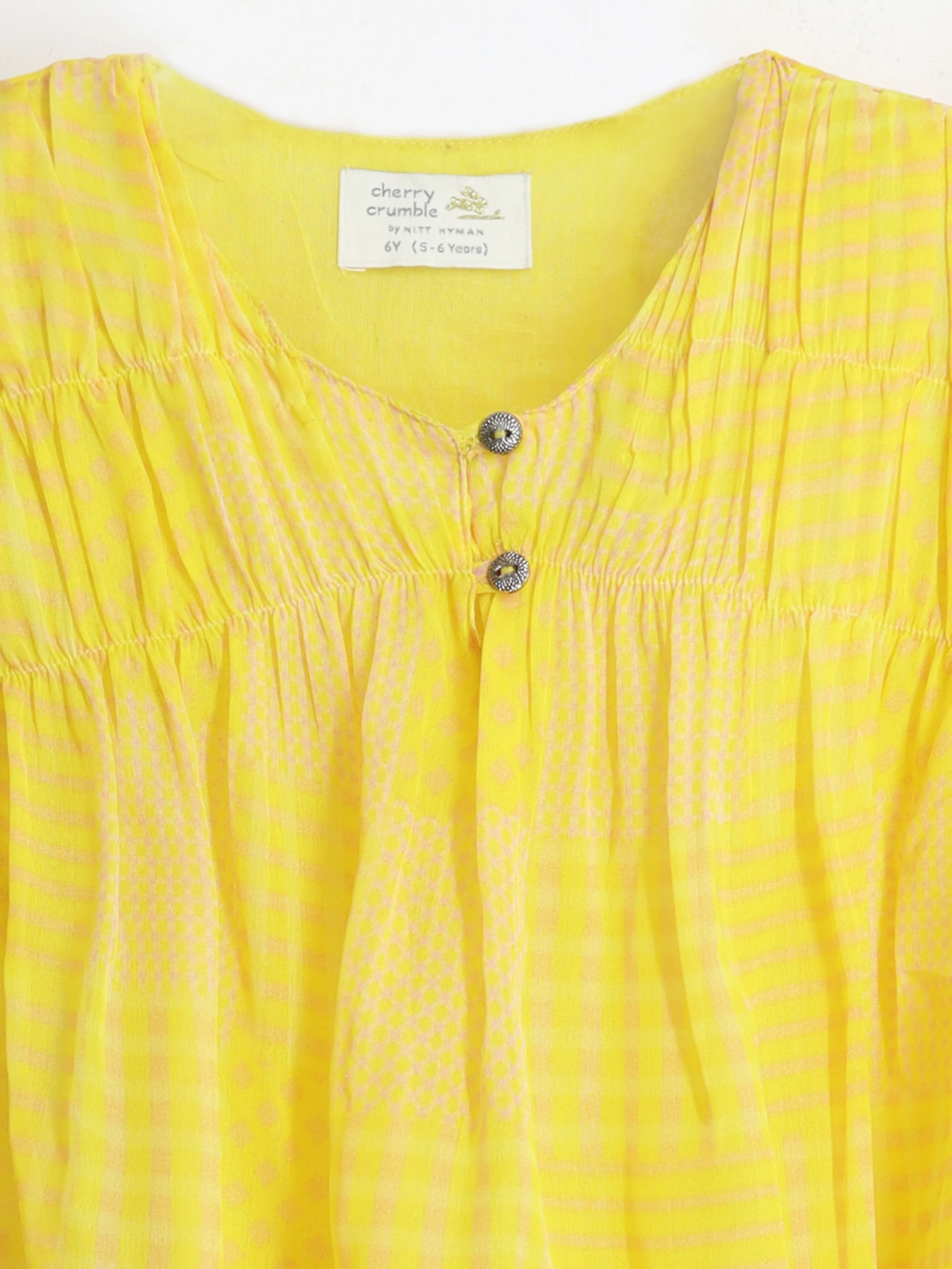 Cherry Crumble Smart Casual Mustard Cotton Blend  Round Neck with Button closure Smockey Top For Girls