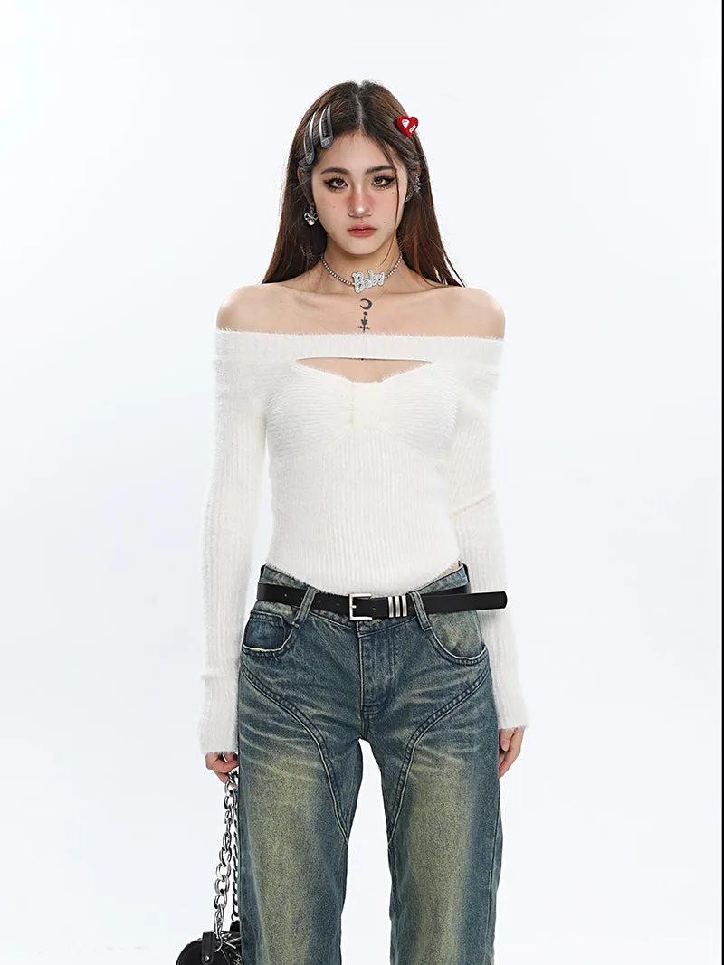 Chloe Solid Color Long Sleeve Slim Cut Out Bow Ribbed Top