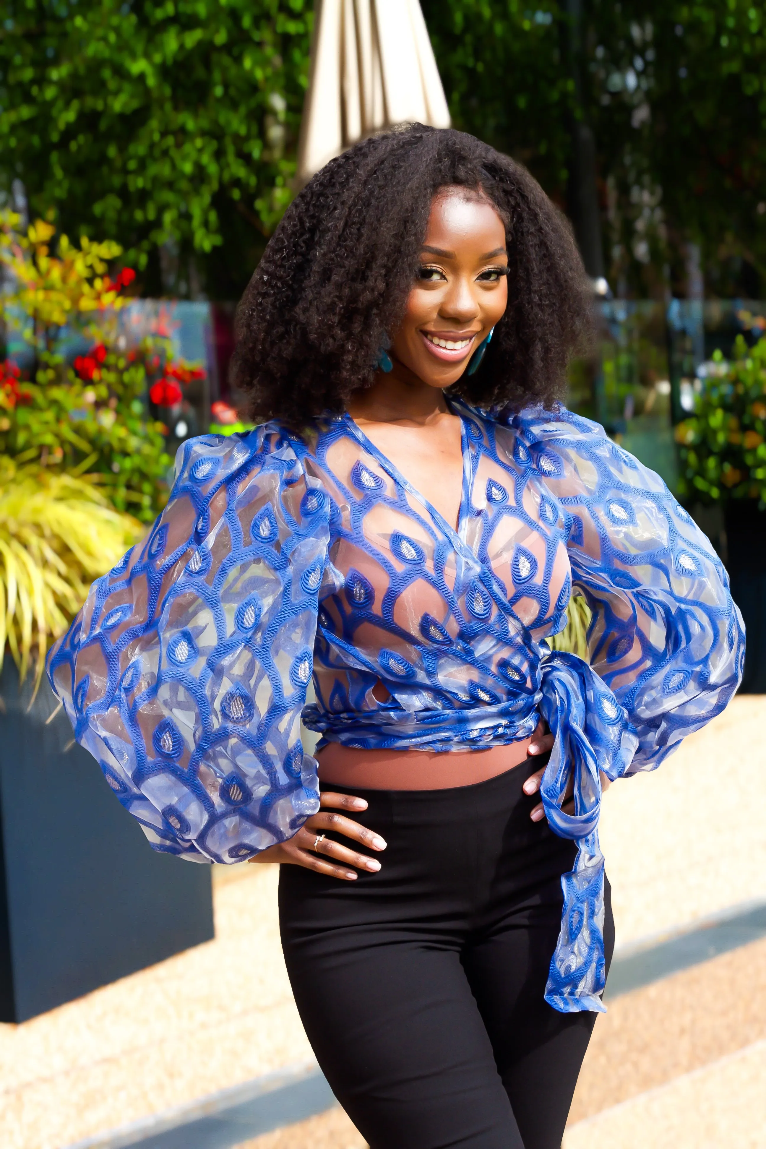 New in Blue Puff Sleeve Organza Wrap Top Blouse - Zaha