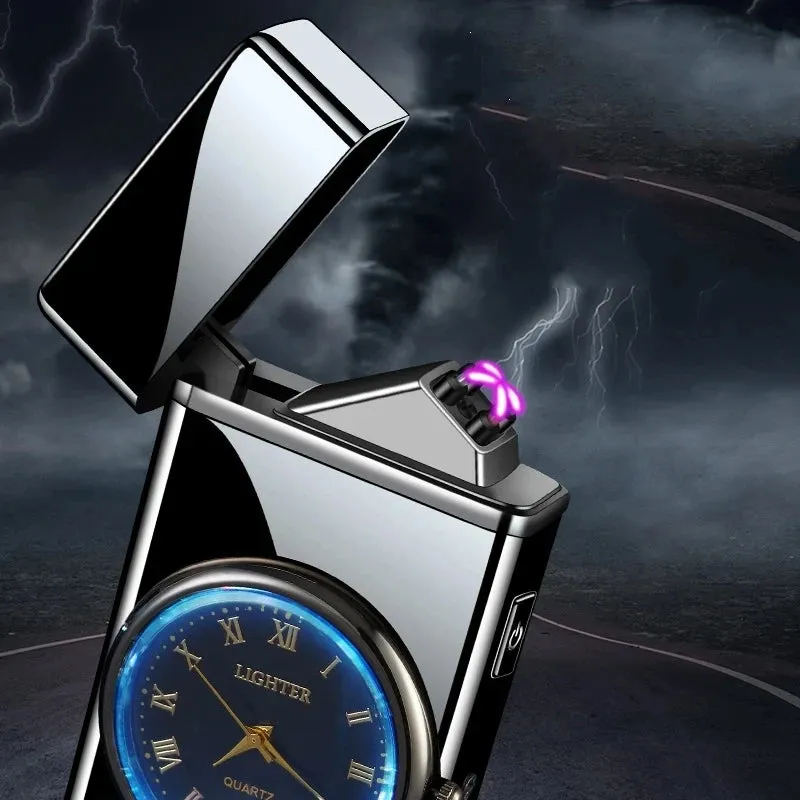 New Metal Clock Dual Arc Lighter LED Display USB Rechargeable Portable Flameless Lighter Outdoor Camping Flashlight Men's Gifts