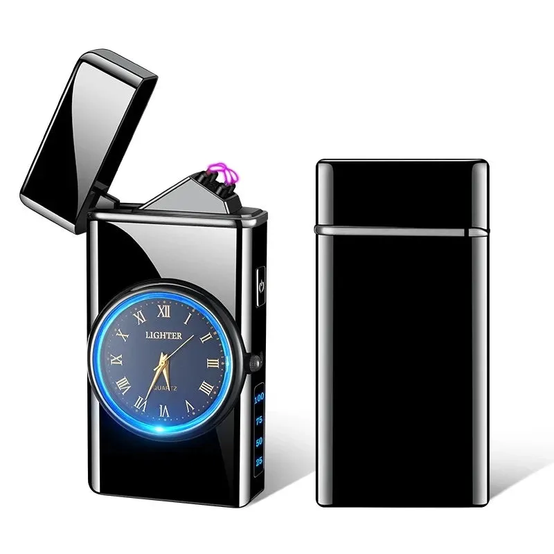 New Metal Clock Dual Arc Lighter LED Display USB Rechargeable Portable Flameless Lighter Outdoor Camping Flashlight Men's Gifts