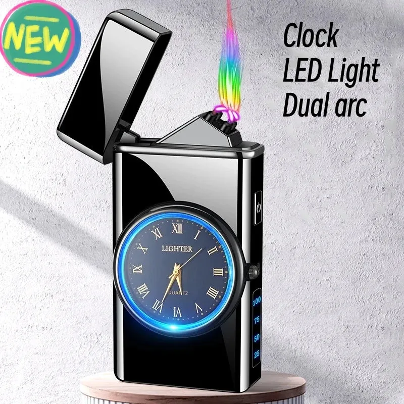 New Metal Clock Dual Arc Lighter LED Display USB Rechargeable Portable Flameless Lighter Outdoor Camping Flashlight Men's Gifts